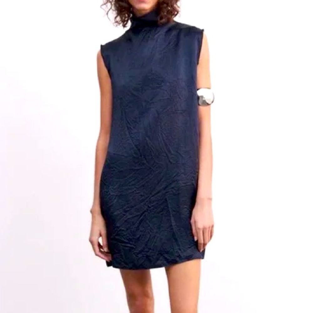 NWT Zara ZW SHORT SATIN EFFECT MINI DRESS Sleeveless Navy Blue High Neck Sz. XS
